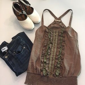Mine brown green ruffle spaghetti strap tank small